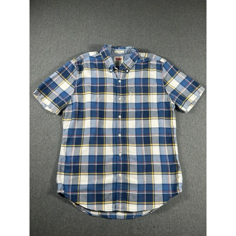 Levi's Men's‎ Slim Fit Short Sleeve Plaid Button Down Shirt Blue Yellow Large